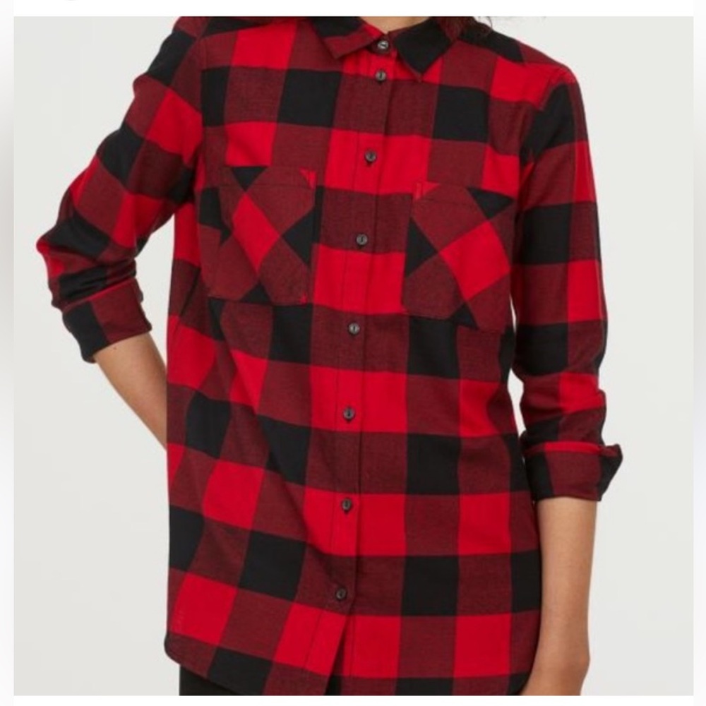 H&M Divided Women’s Shirt Size 6 Red Black Plaid Button-Up 100% Cotton